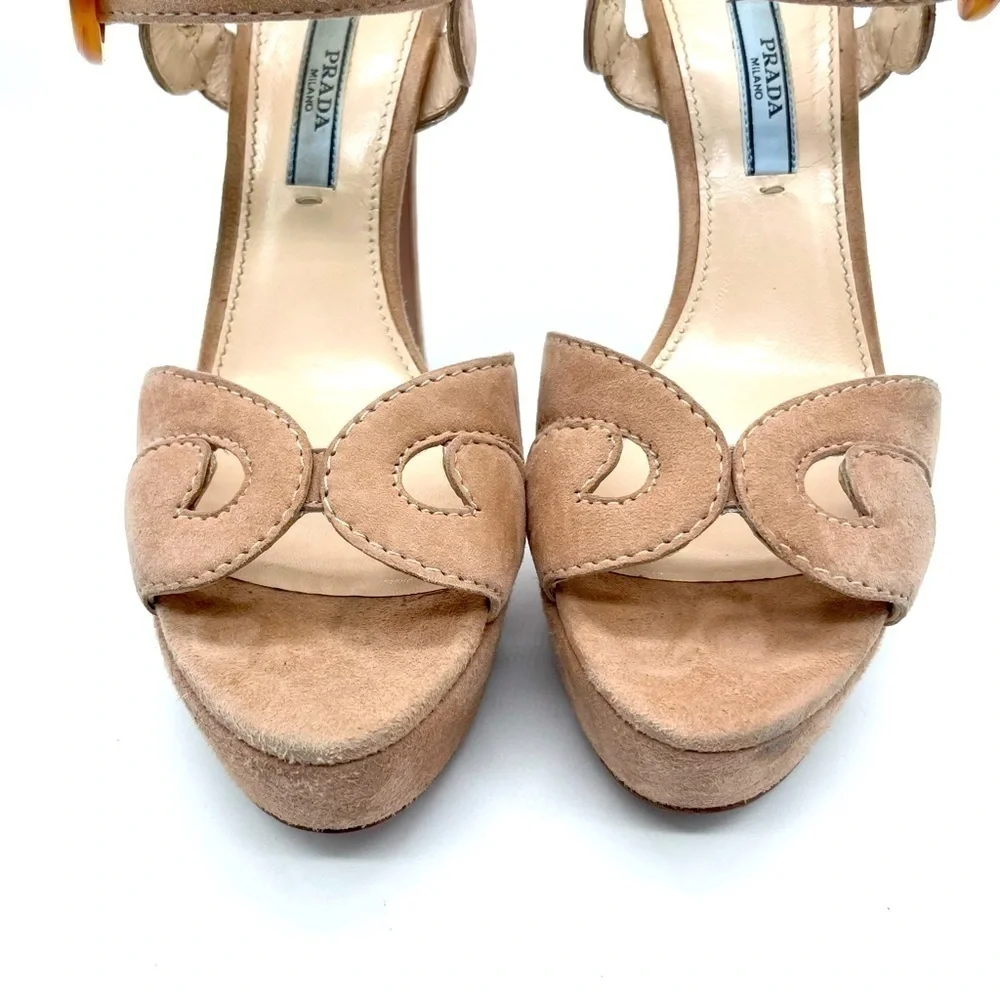 Prada Beige/ Tan Suede leather platform strappy ankle strap sandals heels 37